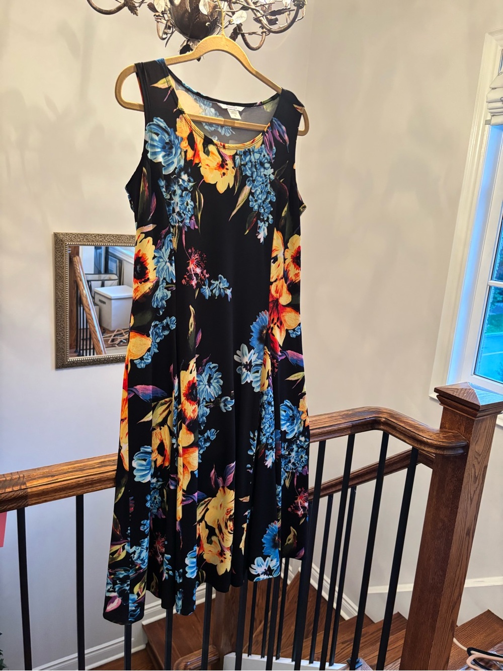 TanJay Black Midi Dress with Blue and Yellow Floral Print